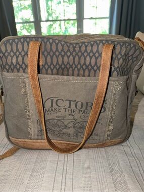 Large Myra “Victors” Upcycled Canvas/Leather Tote/Crossbody/Laptop Bag